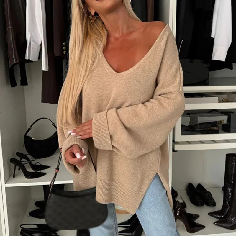 Fashion Irregular Long Sleeve Pullovers Autumn Winter Casual Solid Side Slit Commuter Jumper Simple Loose V Neck Knitted Sweater