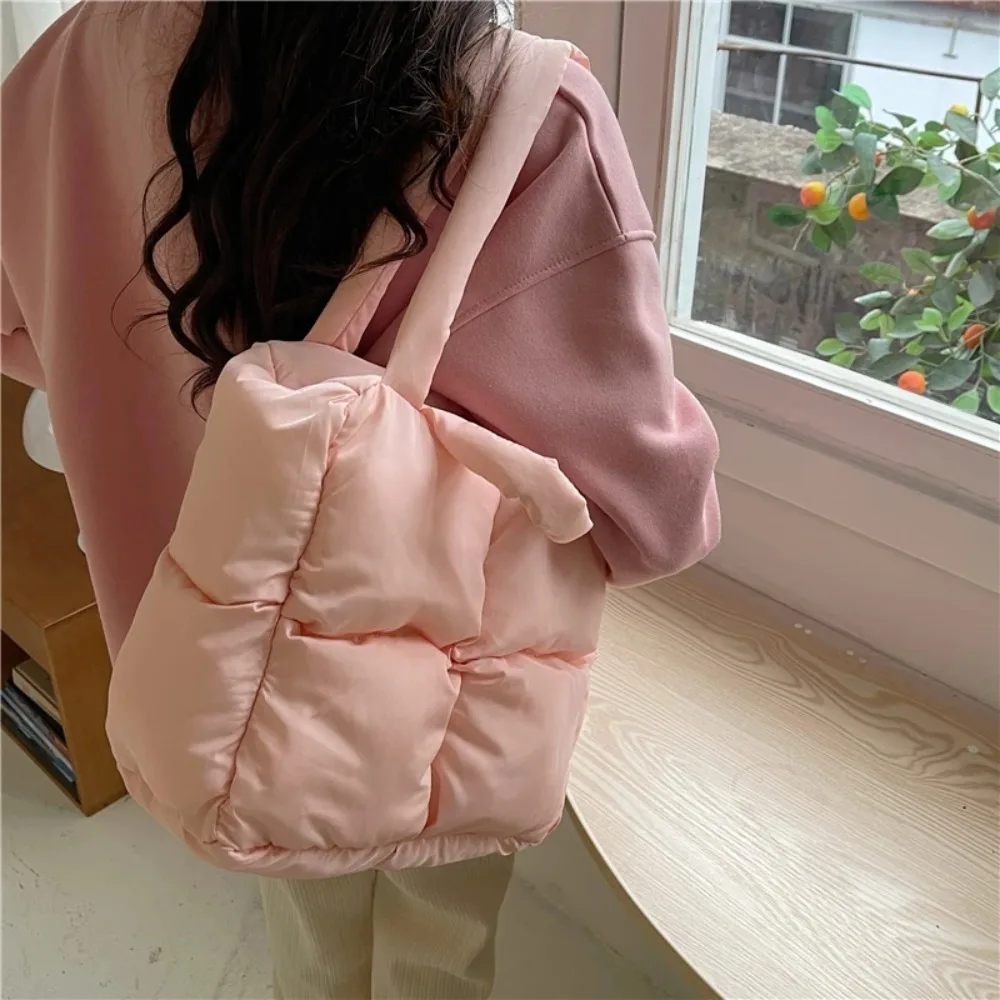 Large Capacity Puffy Shoulder Bag New Quilted Nylon Cloth Down Feather Handbag Padded Soft Space Cotton Shopping Tote