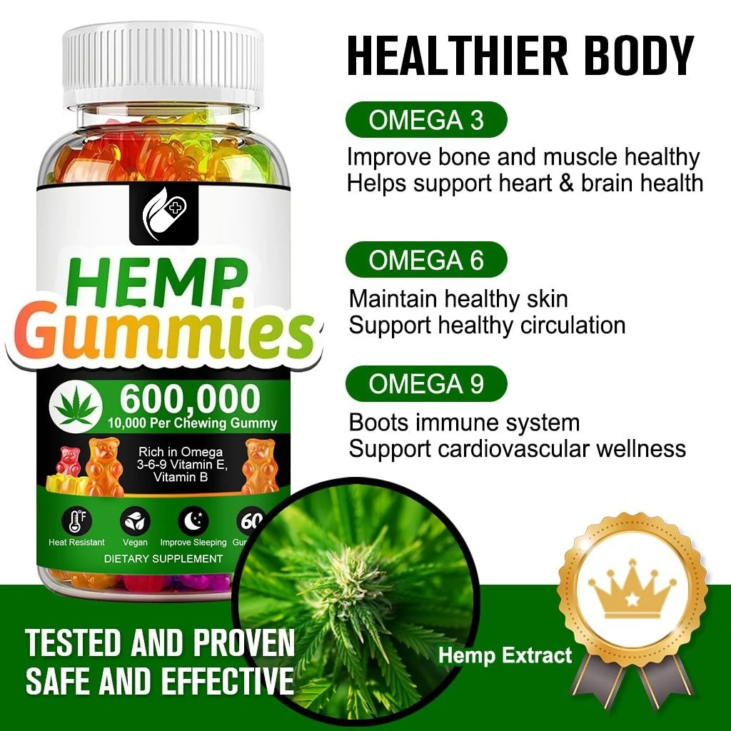 Contains Omega 3-6-9 Vitamin B, E Gummies - Stress Relief, Sleep, Mood, Skin, Nails, Focus, Joint Support, Non-GMO Supplement