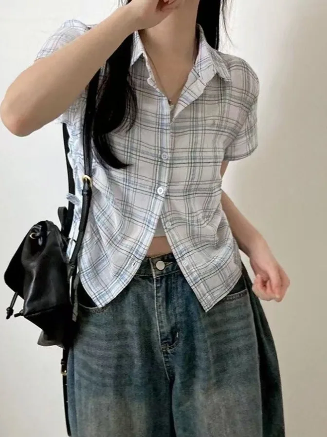 

Chic Summer Plaid ort Sve Single Button Women's irt Dstring Hem Design Versatile Anti-Aging Top Slim Fit Thin Material