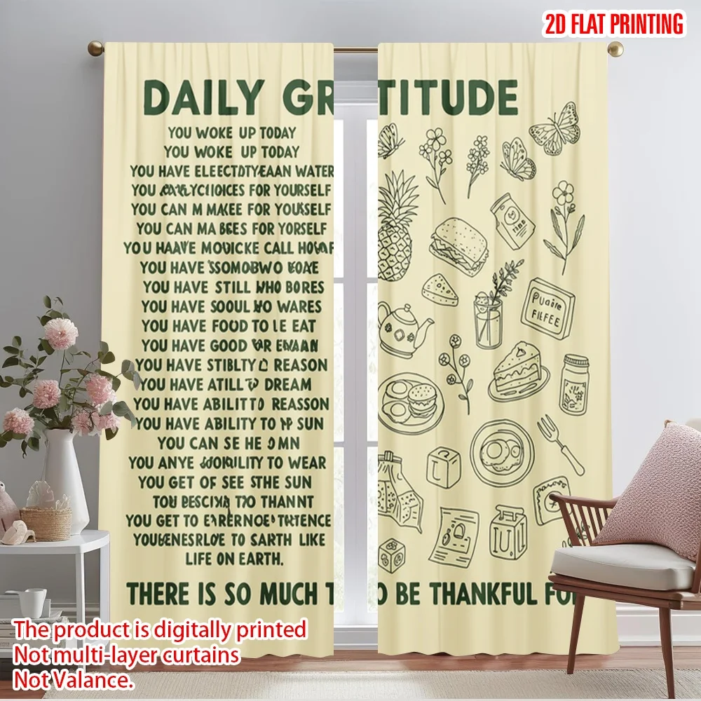 

2pcs 2D flat printing Curtains Daily Gratitude Butterflies Food 100% Polyester Without Electricity 0 Use for Holiday Family