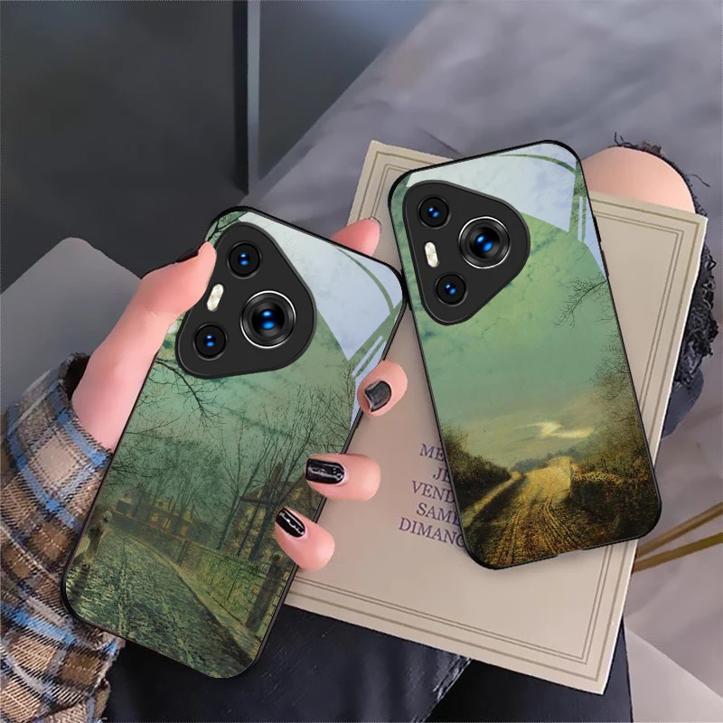 

Landscape Painting For Huawei P50 40 60 20 Pro Pura 70 Ultra P30 Lite Honor Nova 8i 10 9 SE 13 12S 5T 10 Black Glass Phone Case