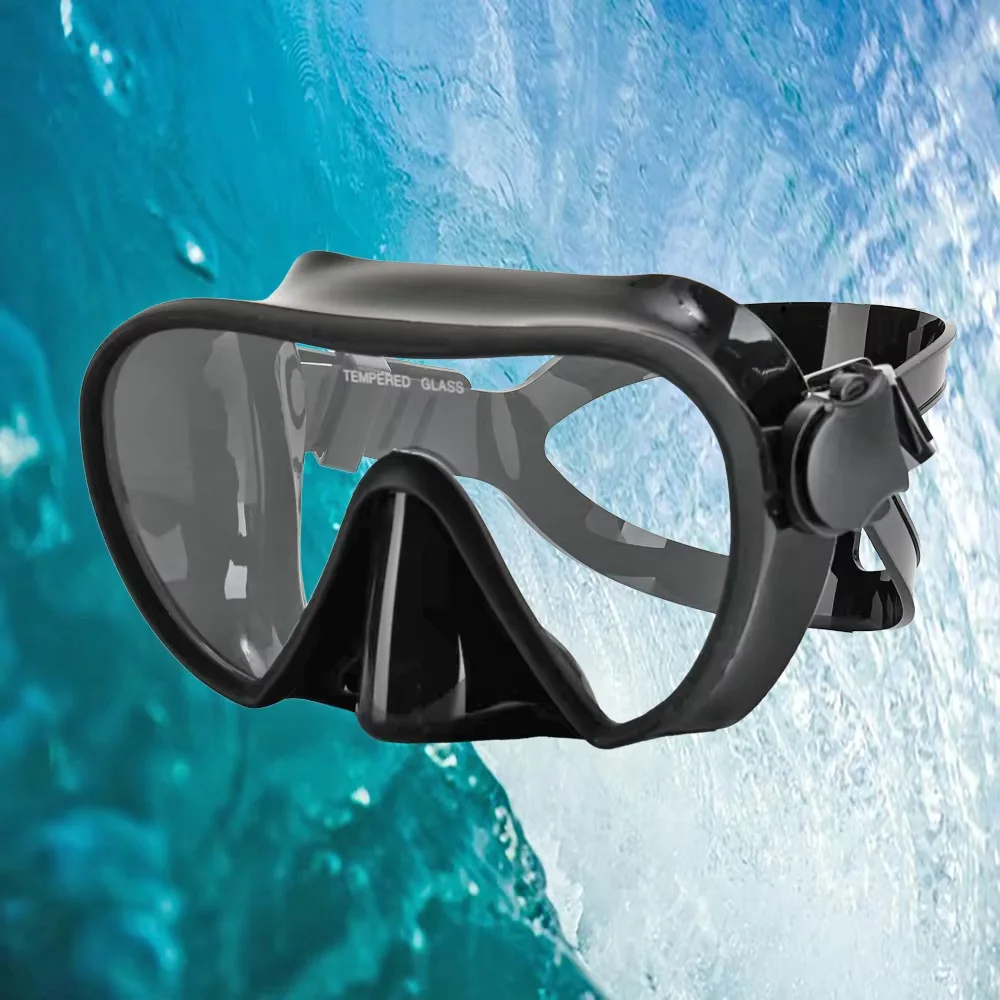 Scuba Diving Snorkeling Maschera senza cornice Guarnizione perfetta Gonna in silicone Vista panoramica Occhialini da nuoto in vetro temperato adatti per adulti