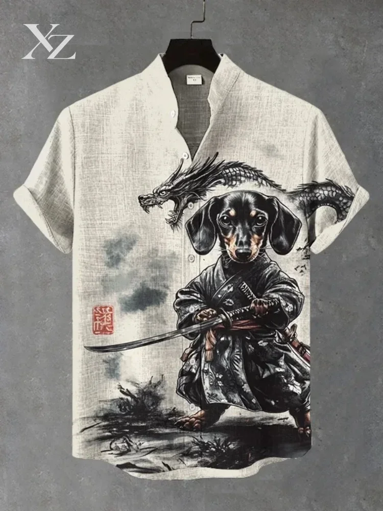 Men's Short Sleeve Stand Collar Shirt Dachshund Samurai Dragon Traditional Ink Art Print Korean Japanese Chic Summer Tops