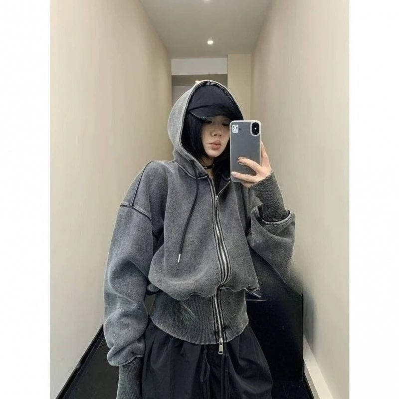 Autumn new washed niche widened thread short hooded jacket loose retro waist jacket women's trend comfortable and beautiful