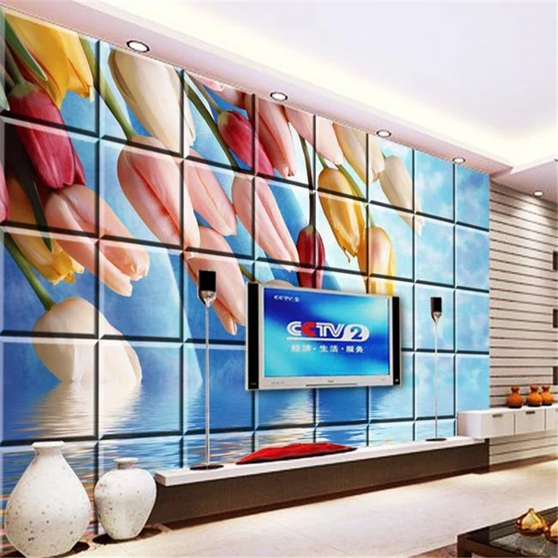 beibehang murals wallpaper TV backpack wall paper silk cloth tulip reflection murals 3d eco-friendly wallpaper papel de parede