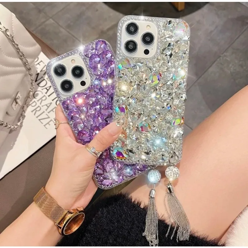 

Glitter Purple Diamond Tassel Pendant Case For iPhone 15 Pro Max 11 12 13 14 X XR XS 7 8 Plus Luxury Shiny Rhinestone Back Cover