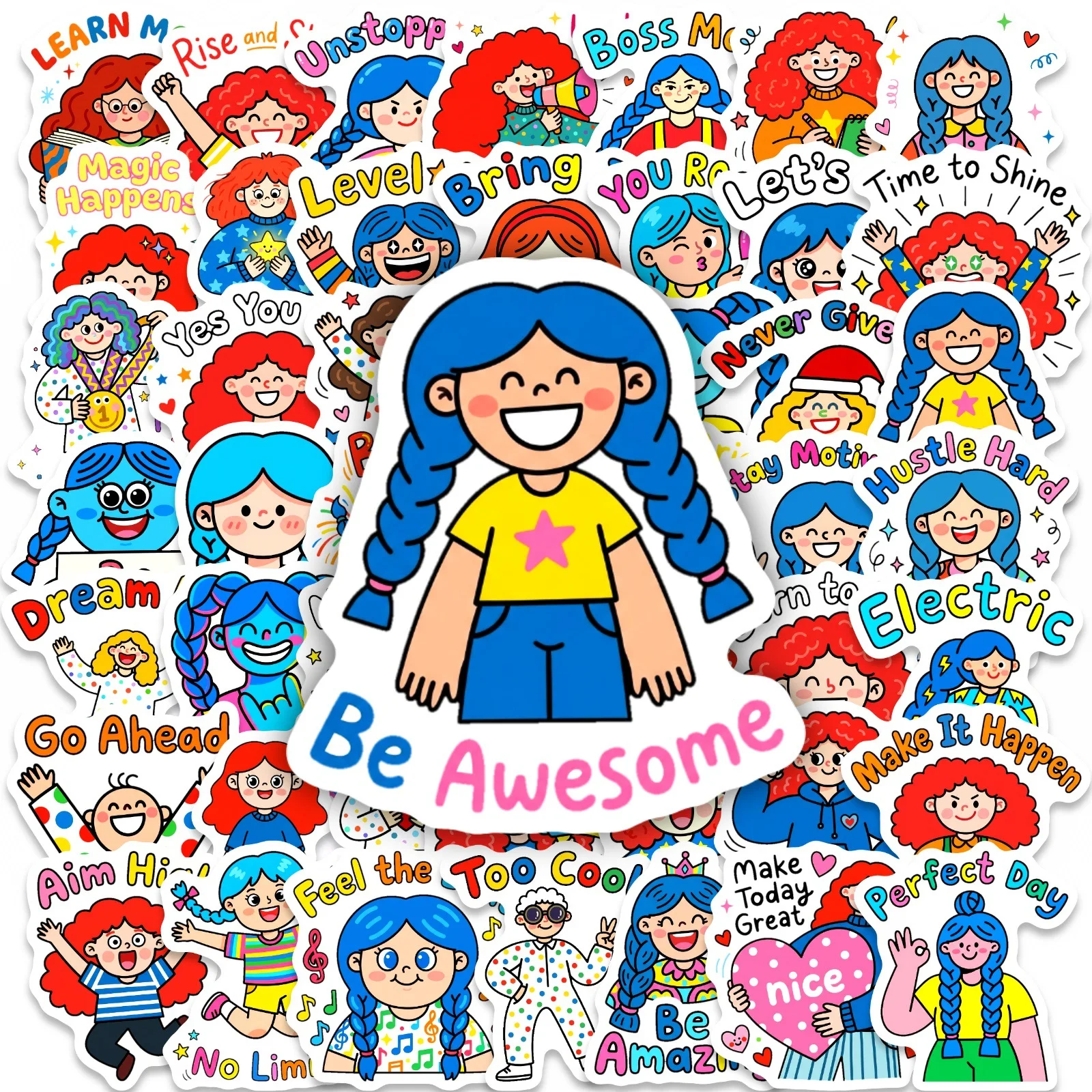 50-Pack Positive Cartoon Girl Graffiti Stickers Waterproof Decorative Decals For Diary Luggage Stationery Box Journal Album