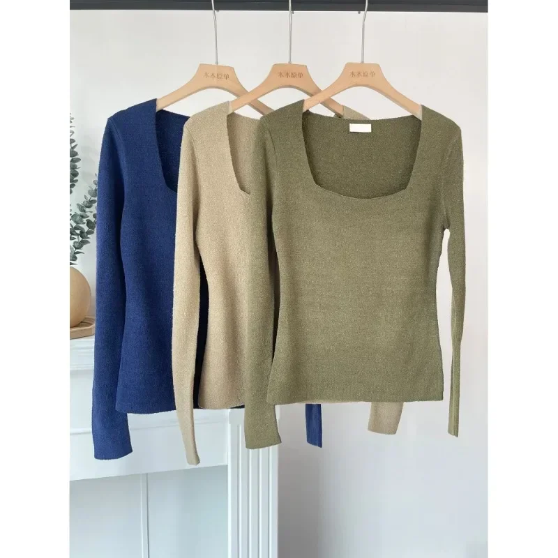 NA @-Simple and Versatile Square Neck Cotton Blended Pullover, Knitted Sweater, New Style, Autumn, Winter, 2024