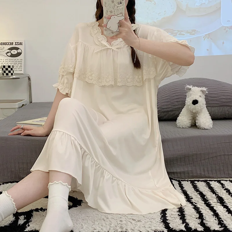 Lace Spliced Nightgowns Women Advanced Cozy Sweet Exquisite Puff Sleeve Stylish Schoolgirls Nighty Versatile French Style Retro