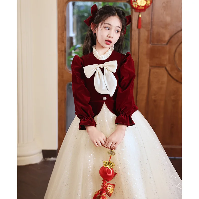 

Children Elegant Dresses Piano Performance Slim Fit High Quality Dress Girls Evening Dinner Formal Burgundy Full Sleeve Gowns