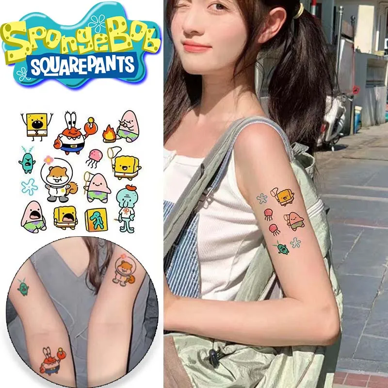 4 Sheets SpongeBob Tattoo Stickers Waterproof Cartoon Tattoo for Kids Birthday Party Gifts Fake Children Body Art Tattoos Toys