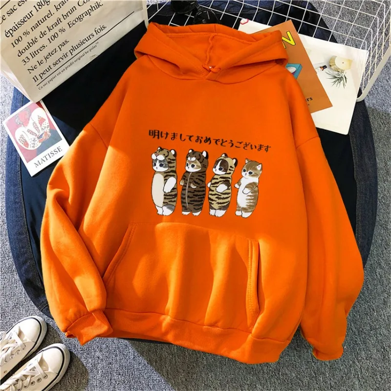 Autumn Cartoon Cat Printed Cotton Women\'s Hoodie Cute Casual Pullover Long Sleeved Clothes Couple Plus Size Street Wear