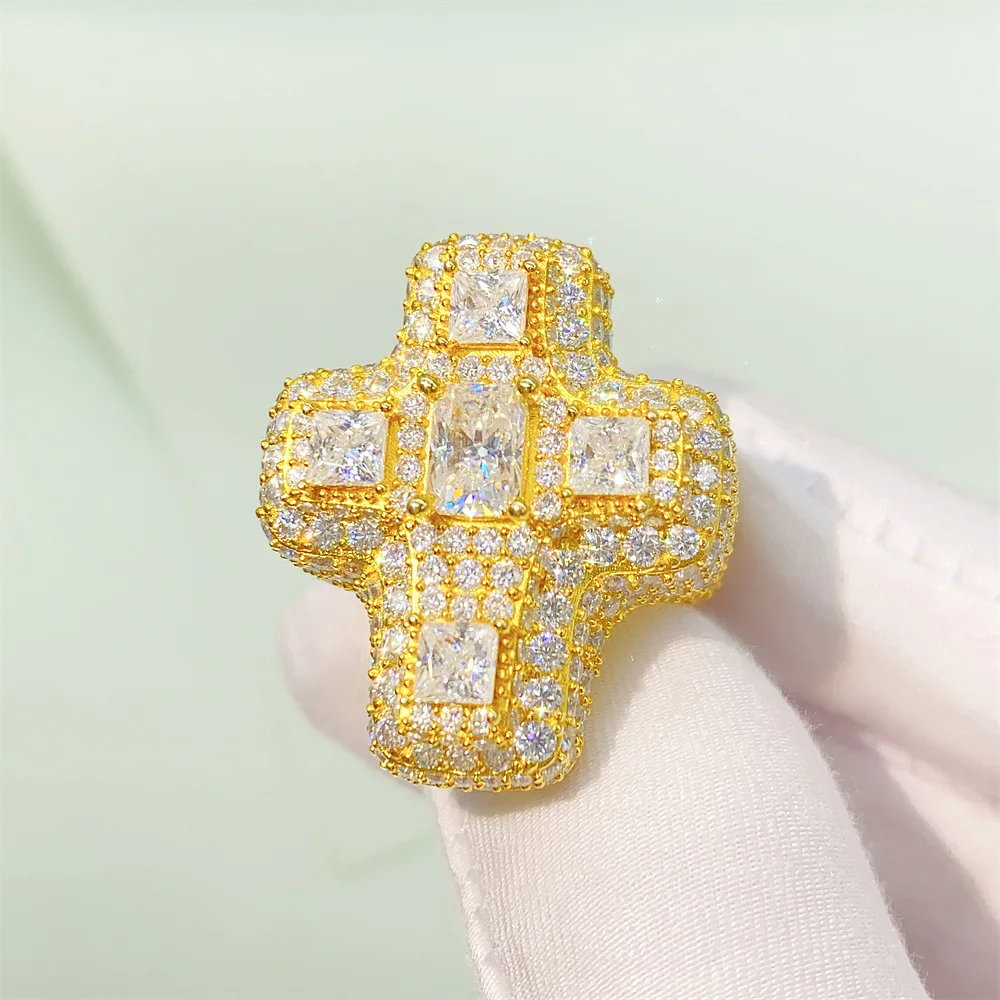 Bagues Moissanite Big Cross Iced Out pour hommes et femmes, bague de mariage en argent S925, bijoux de doigt, testeur de diamants Pass, livraison gratuite