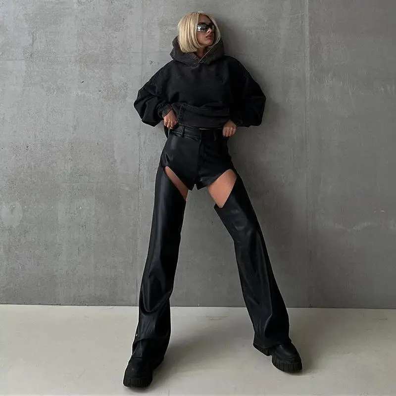 Spring New Women Leather Pants Black Hollow Out Pu Leather High Waist Female Straight Pants Fashion Trend All-Matched Trousers