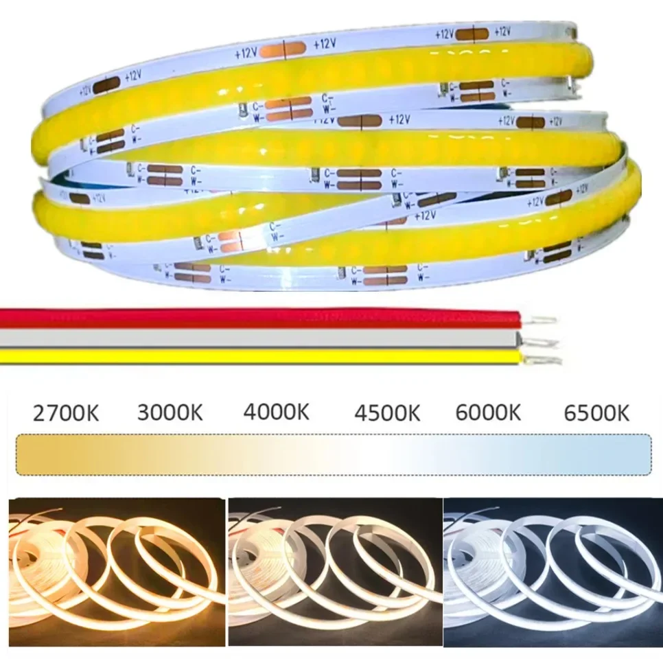 COB CCT LED Strip Lights 608 LEDs/m DC12V/24V High Density Flexible Dimmable FOB Led Tape 2700K to 6500K Changeable Lighting