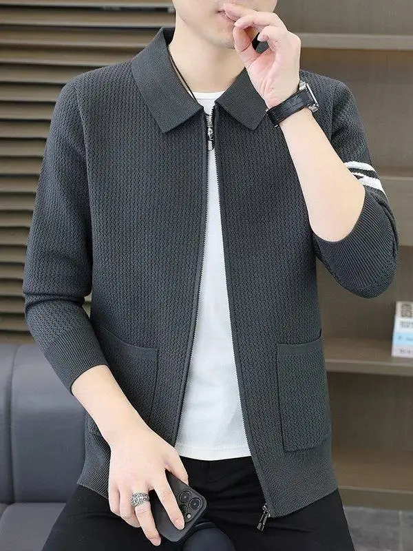 

Мужской вязаный кардиган на молнии, повседневный универсальный свитер-жакет, модный 2026, из смеси полиэстера, вискозы и нейлона