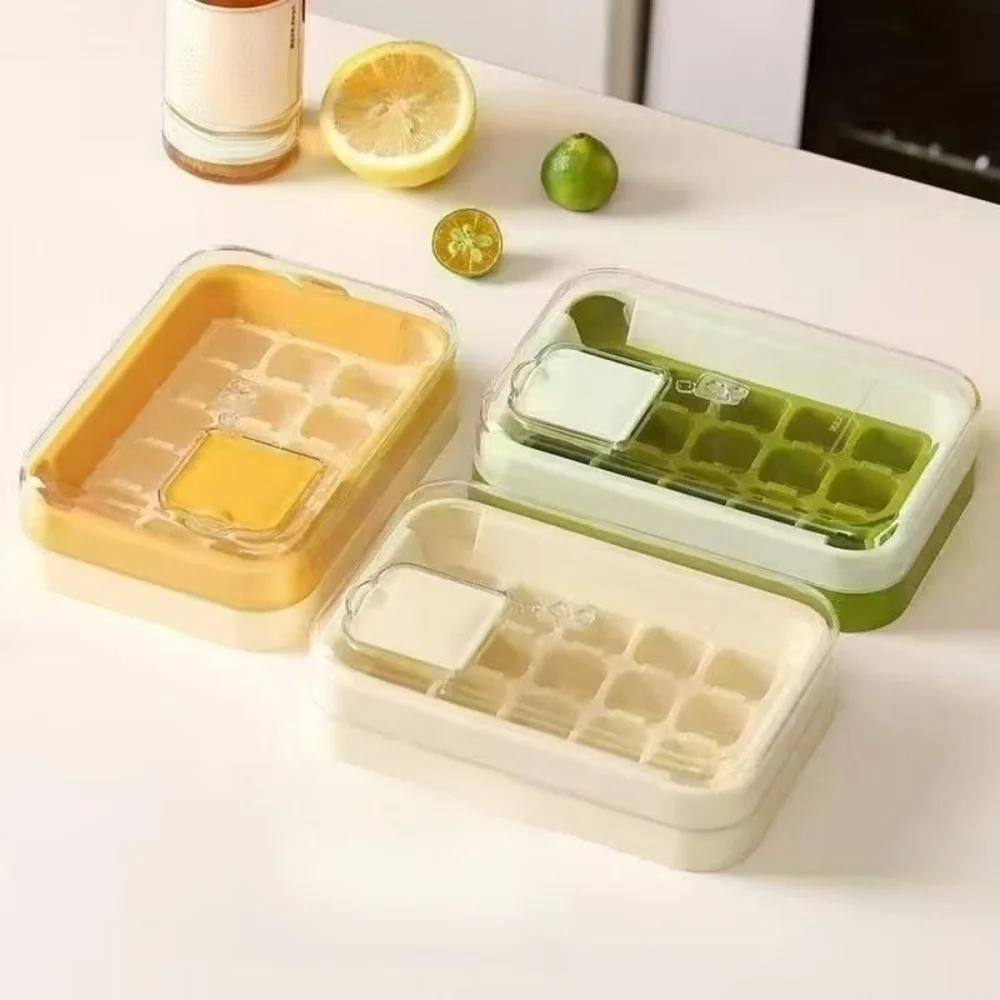 1 Pack Press Type Green Ice Cube Tray with Storage Box Lid, One Press Easy Release Silicone Ice Mold, Stackable Reusable Ice Maker Container for Whiskey, Cocktails, Juice, Freezer Organizer