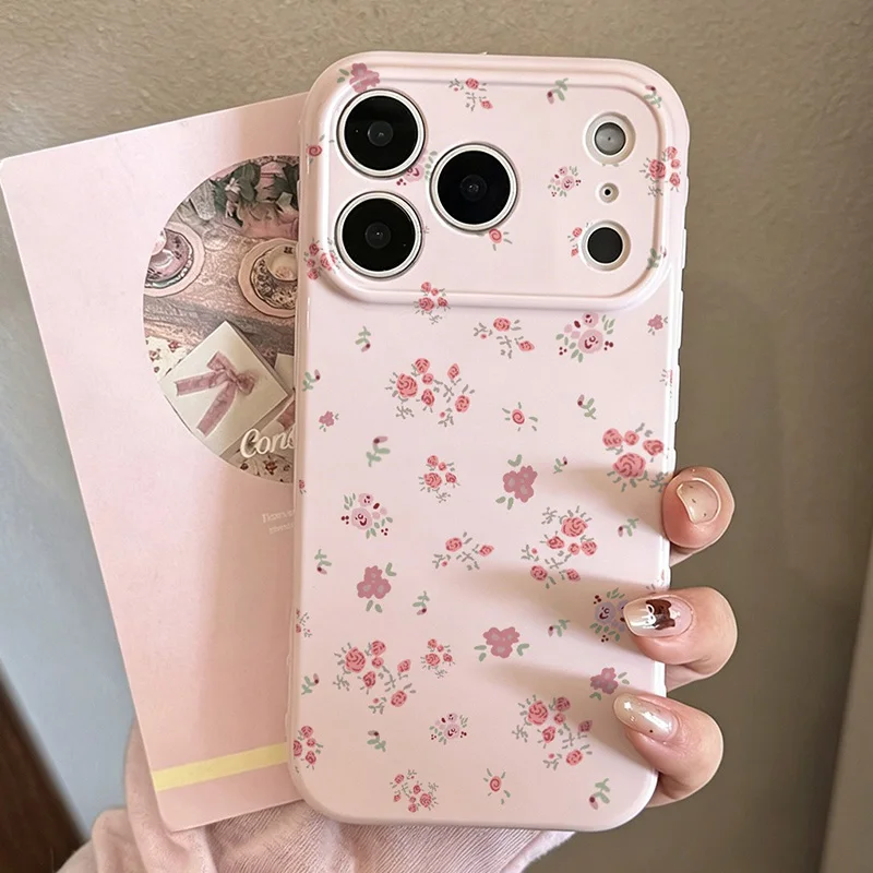 Schwarze Süße Lolita-Stil Niedliche Blumen-Rosen-Muster Seitenherz Handyhülle für iPhone 11 12 13 14 15 16 17 18 Pro Max 16 Plus Cover