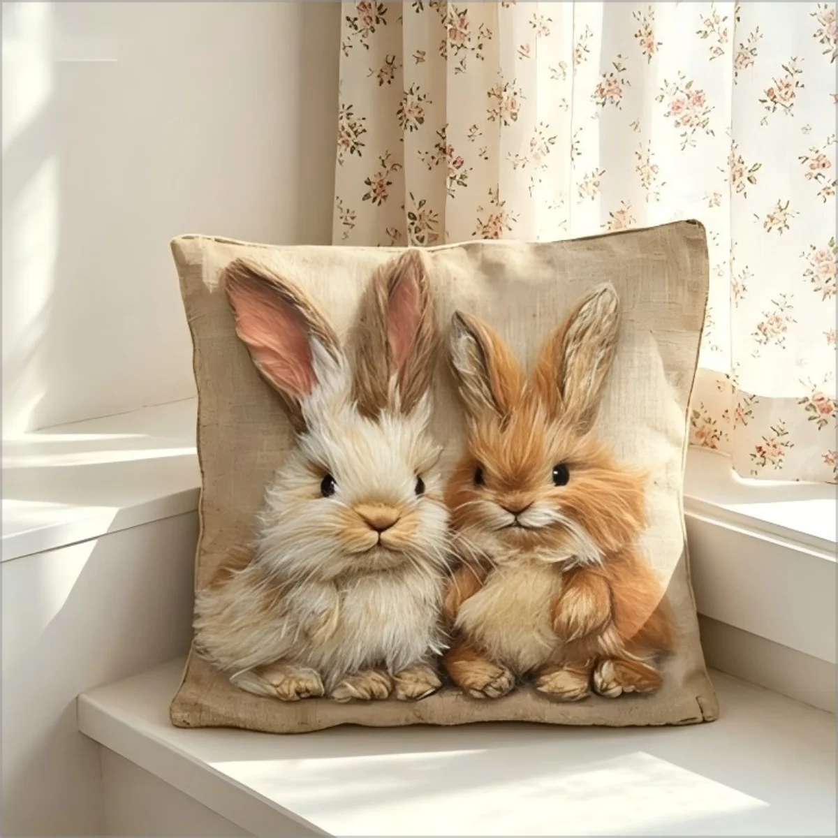 Vintage Cute Bunnies Throw Pillow Cover Felted Rabbits on Linen Decorative Cushion Case for Home Decor