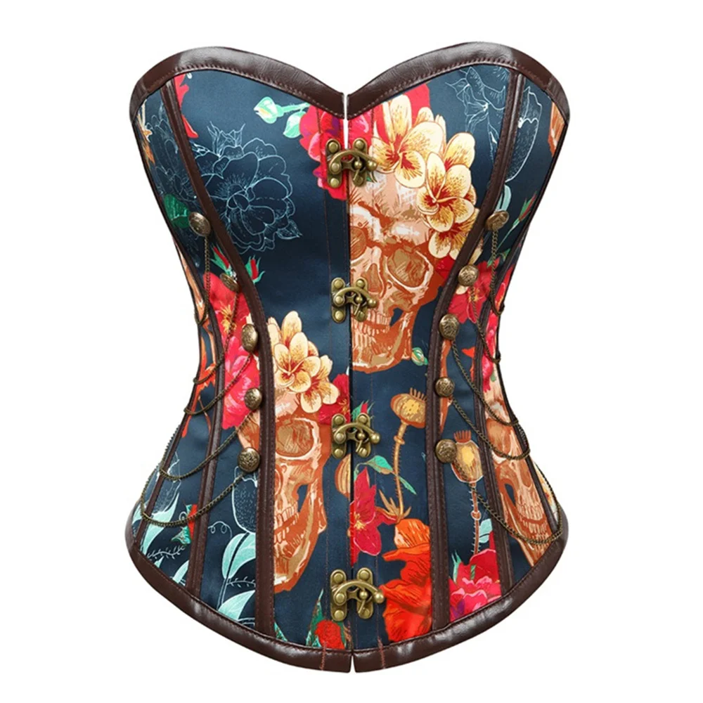 Fashion Vintage Gothic Skull Pattern Print Corsets And Bustiers Tops Waist Trainer Push Up Body Shaper Steampunk Overbust Corset