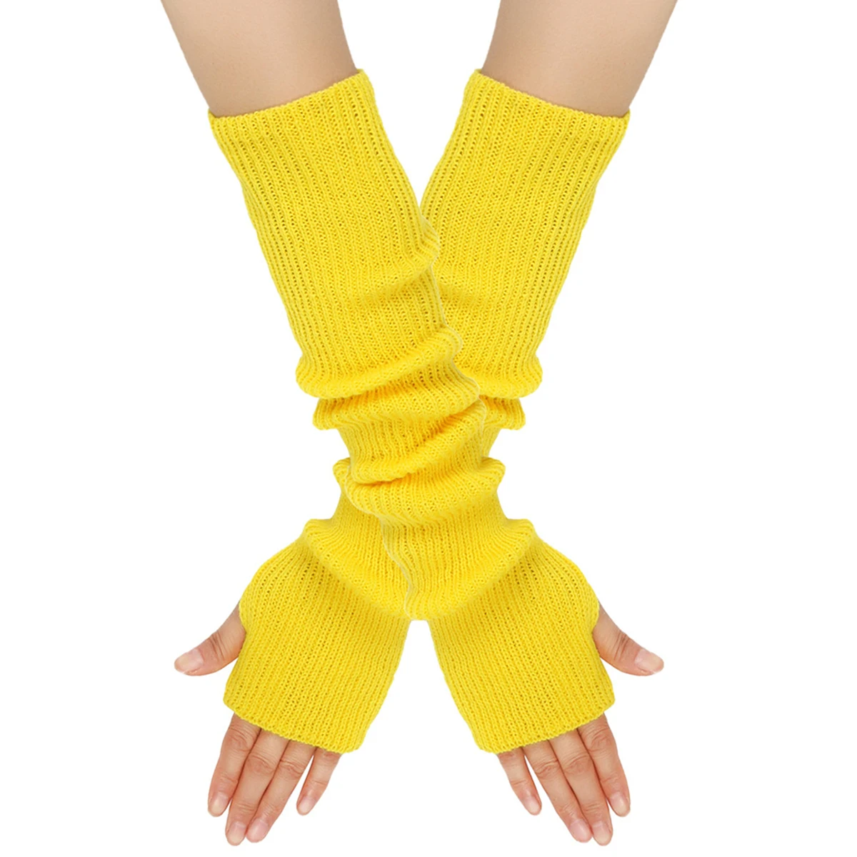 Women Arm Warmer Winter Autumn Imitation Wool Long Arm Sleeve Plain Color Knit Mitten Fingerless Glove Elbow Length Wrist Warmer