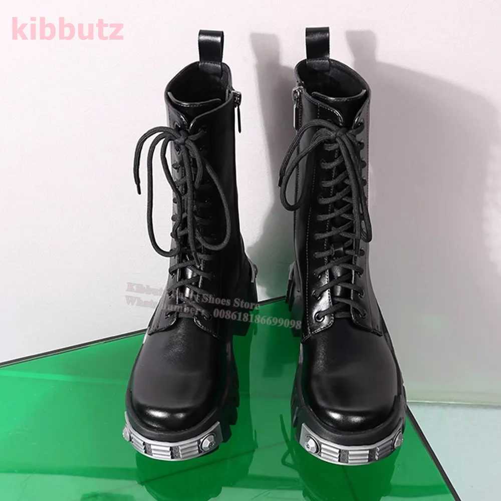 Botines de cuero genuino para mujer, botas con cremallera lateral, punta redonda, aumento de altura, cordones negros sólidos, moda de lujo, zapatos concisos, el más nuevo