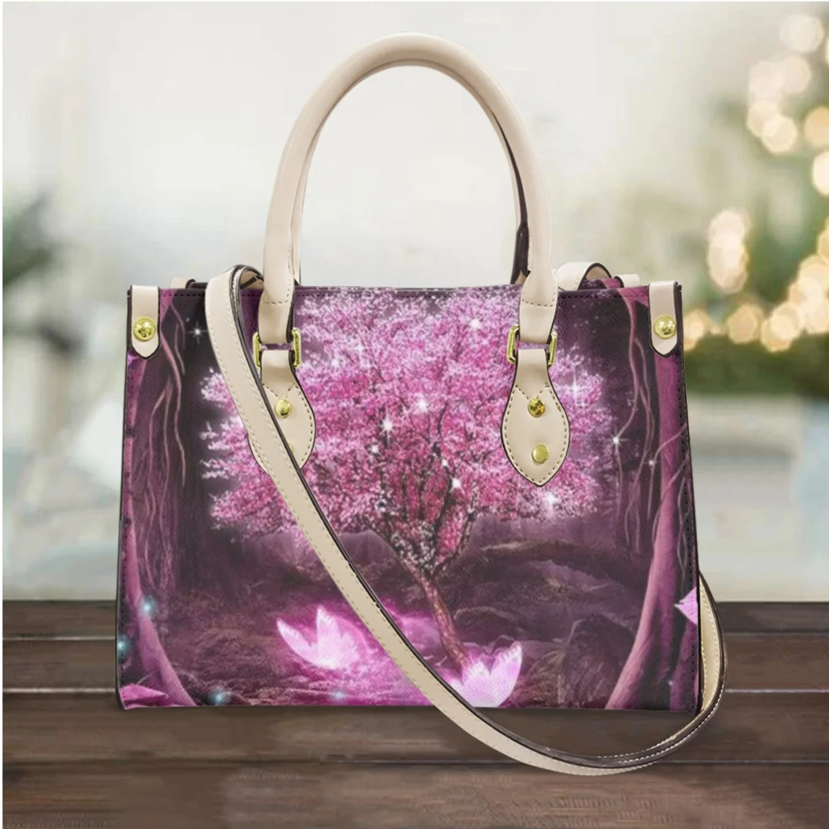 FORUDESIGNS Crossbody Bags Women Romantic Purple Butterfly Tree Print Tote Handbag Fashionable Handle Large Capacity Shoulder