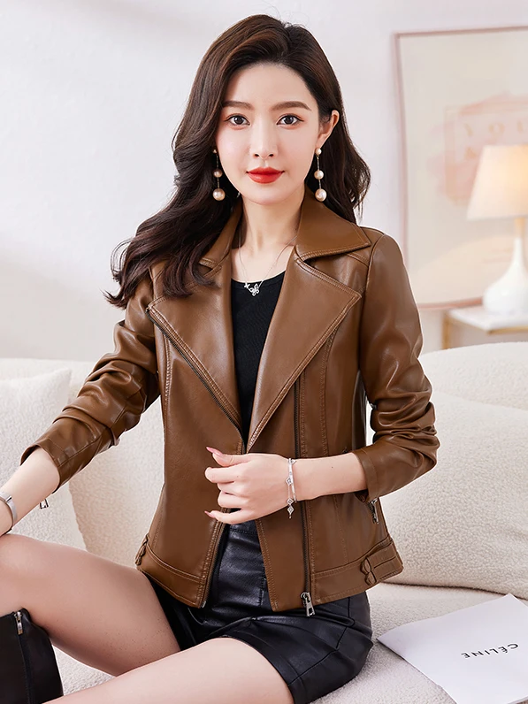 Spring Autumn Short Genuine Leather Jacket Women's Slim Fit Suit Collar Korean Style Versatile Fashionable Zipper Closure