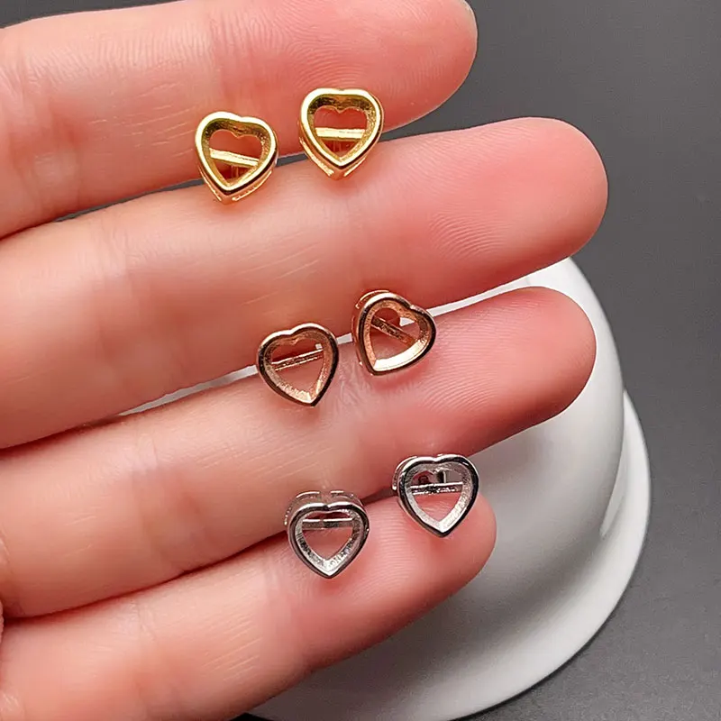 925 Silver 6mm Heart Shape Earrings Setting Allergy Free 18k Gold Plated Wholesale Price Jewelry Diy Supplier for Online Shop