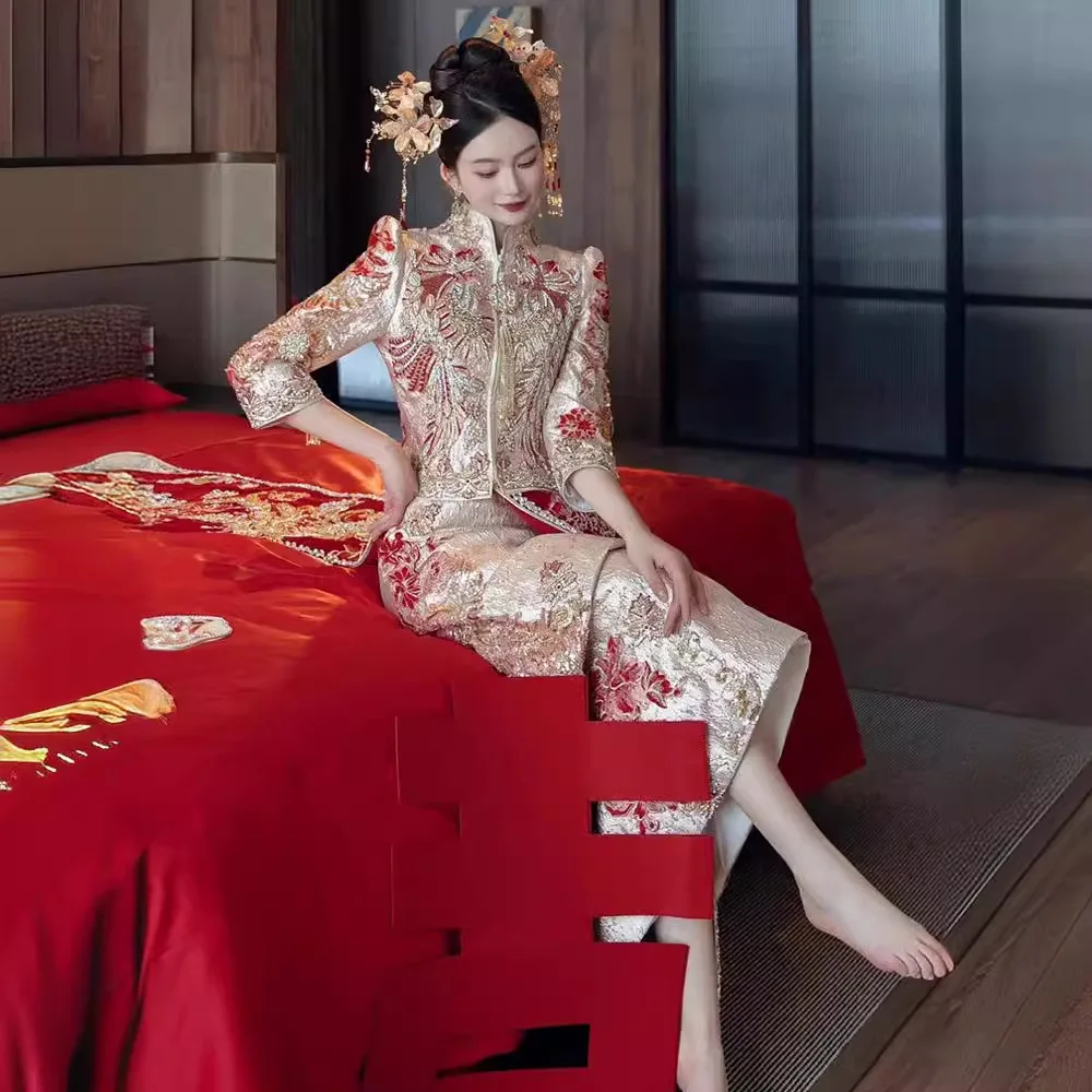 Xiuhe rapIndustry-Vêtements de mariée chinois de luxe, robe de mariée imbibée Tang, JOCoat brodé dragon et phénix, manteau malais haut de gamme