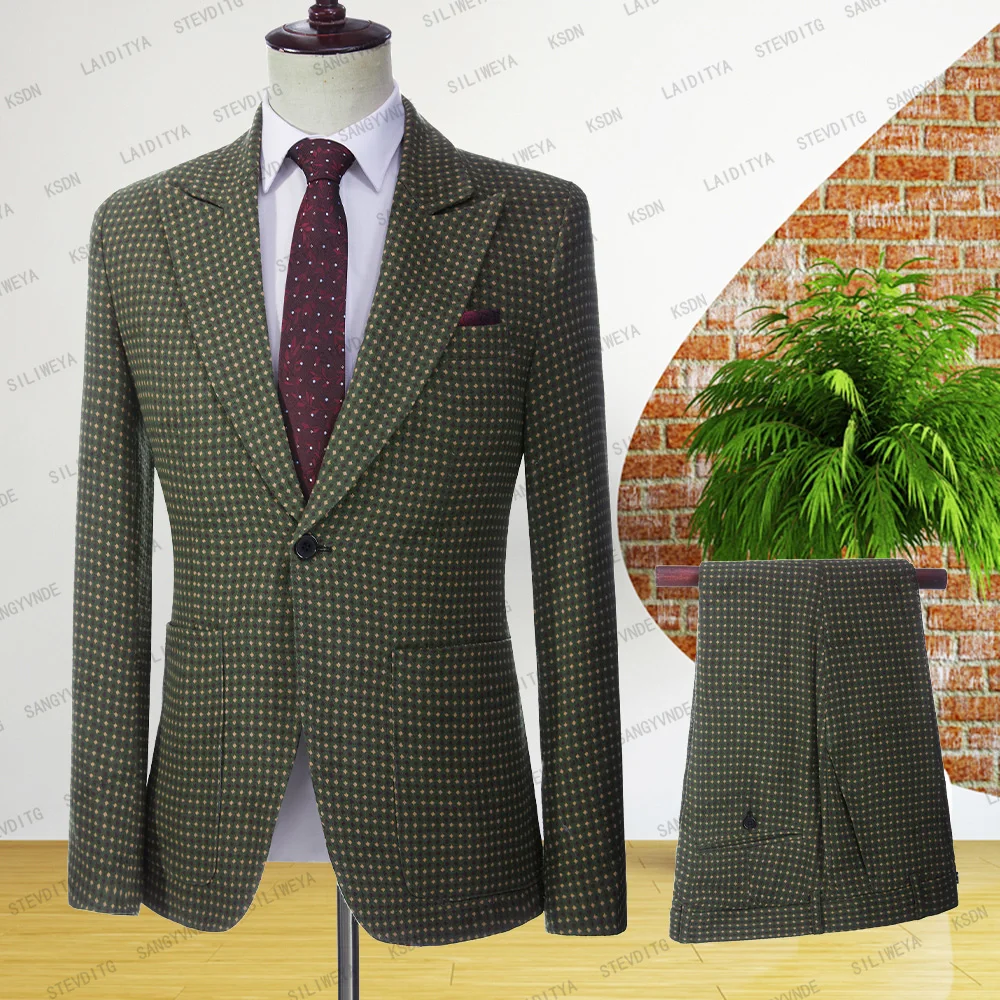 

2023 Men Dots Printed Green business Blazers Male slim fit pure cotton two-piece suit Man plaid groom dress(Jackets+Pants)