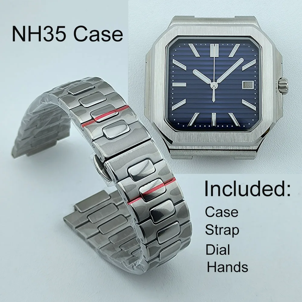 NH35 Watch Case Square Men's Watch Parts Foldingclasp WatchBand For Nau Modified Fit NH35 NH38 Movement Sapphire Crystal Glass
