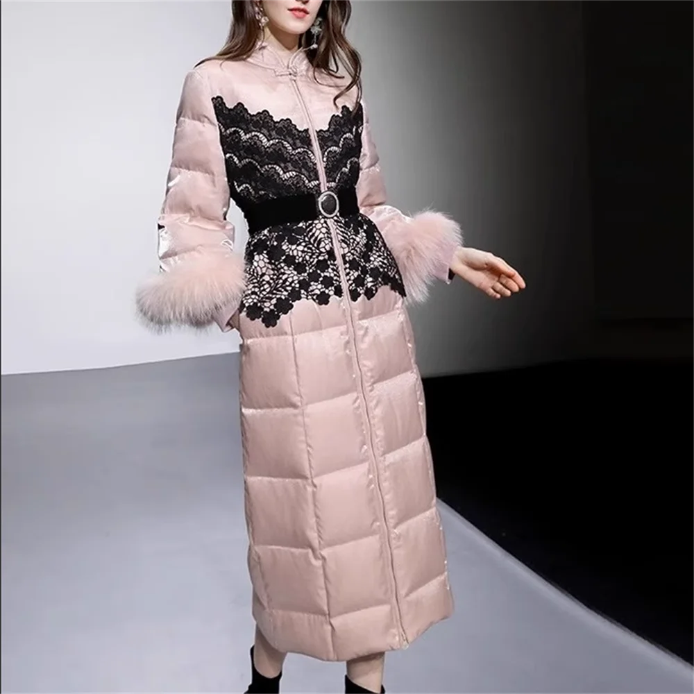 

Winter new fashion black lace long down jacket fur long sleeves Elegant coat women