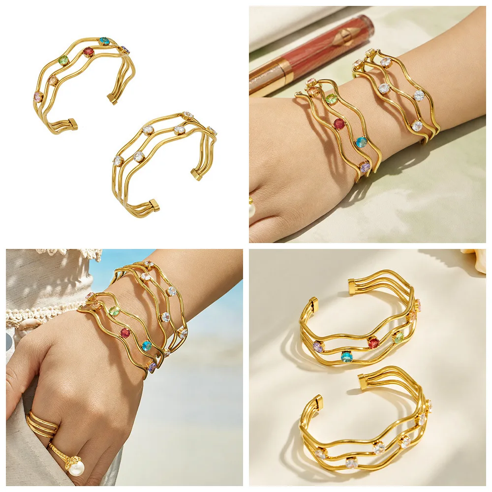 Wellenlinien-Armband für Damen, Edelstahl-Armreif, 18K vergoldeter offener Armreif, farbige Zirkon-Armbänder – Detail 1