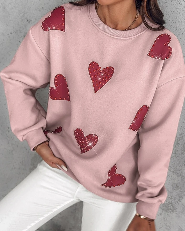 Heart Printed Long Sleeved Rhinestone Decorated Sweatshirt Solid Color Round Neck Casual Fashion Hoodie Autumn Winter Pullover