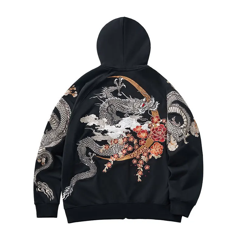 

Yokosuka Style Autumn and Winter Chinese Embroidered Long Sleeve Hooded Zipper Sweatshirt Trendy Cardigan Jacket Loose