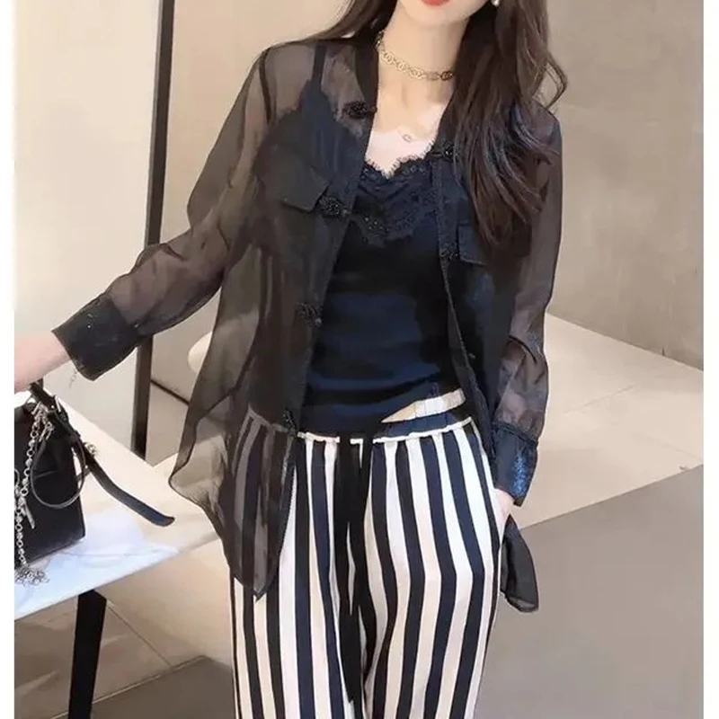 Summer Korean Style Thin Style Shirt Women Stand Collar Fashion Long Sleeve Button Cardigan Solid Color Sheer All-match Tops