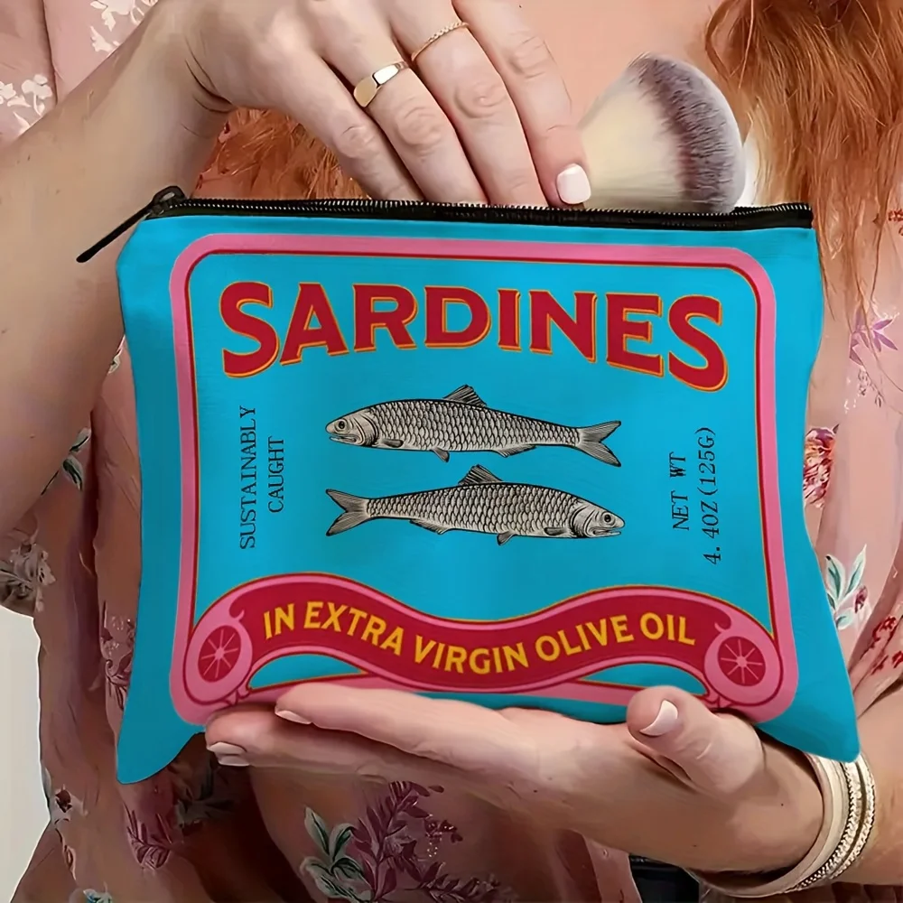 

1pc Vintage Sardines Makeup Bag Unisex Polyester Cosmetic Pouch with Zipper Trendy Tin Fish Print Design, Travel for Women