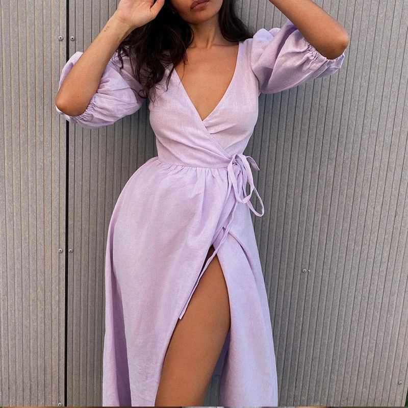 100% algodón mujer moda Puff manga cuello pico vestido largo cintura alta elegante Boho Maxi vestido Vestidos ropa