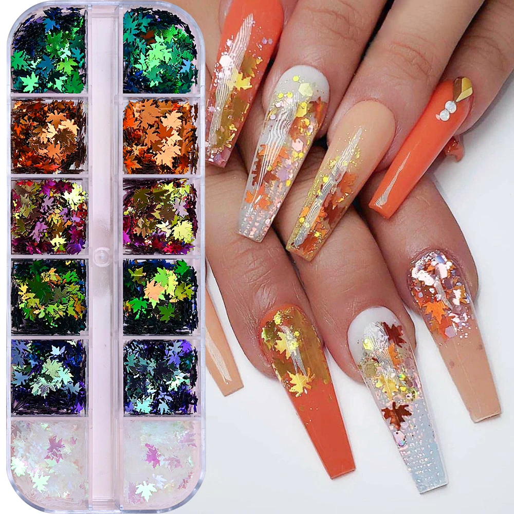 12grids Holographic Laser Fall Maple Leaf Nail Art Sequins Yellow Orange Red Maple Leaf Glitter  Flakes 3D Manicure Decorations