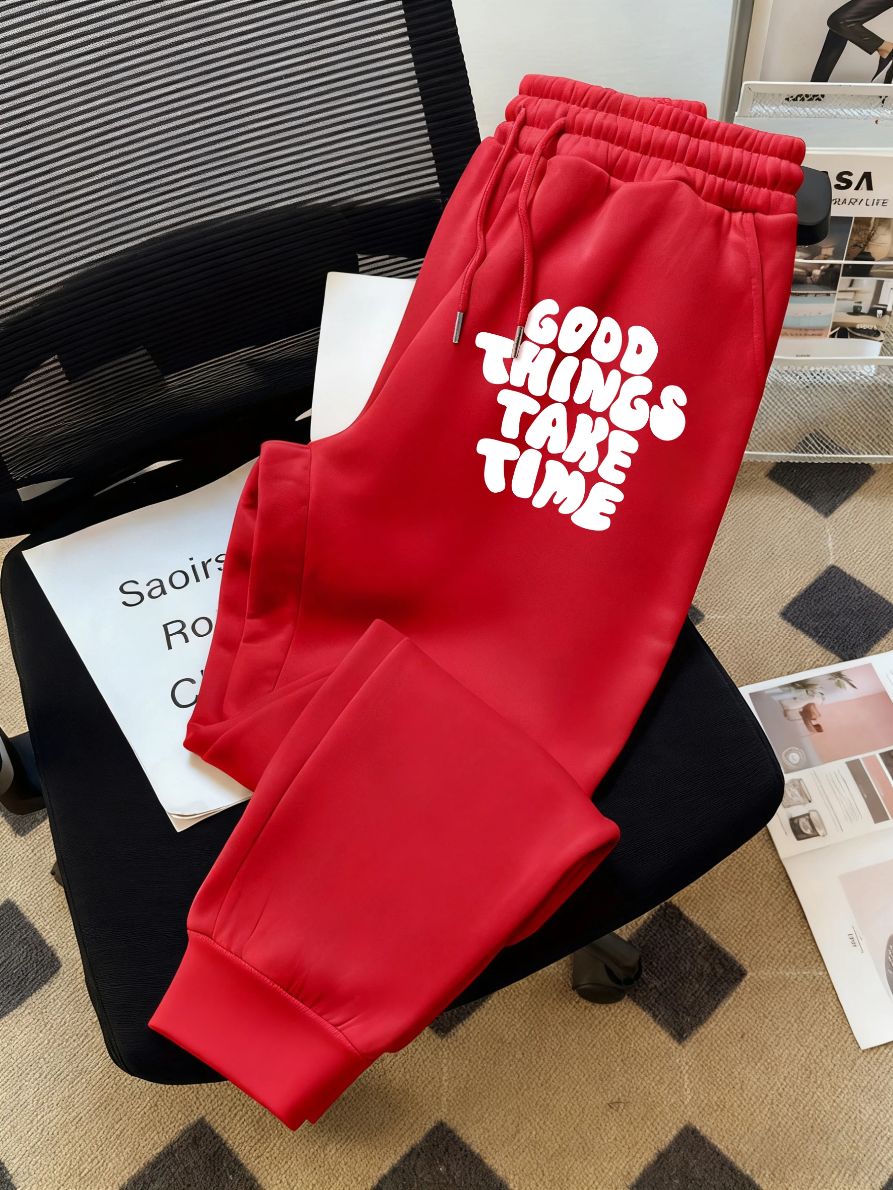 

Good Thing Take Time Print Men Basics Pants Hip Hop Multicolor Sweatpants Pocket Autumn Long Pant Unisex Warm Fleece Clothing