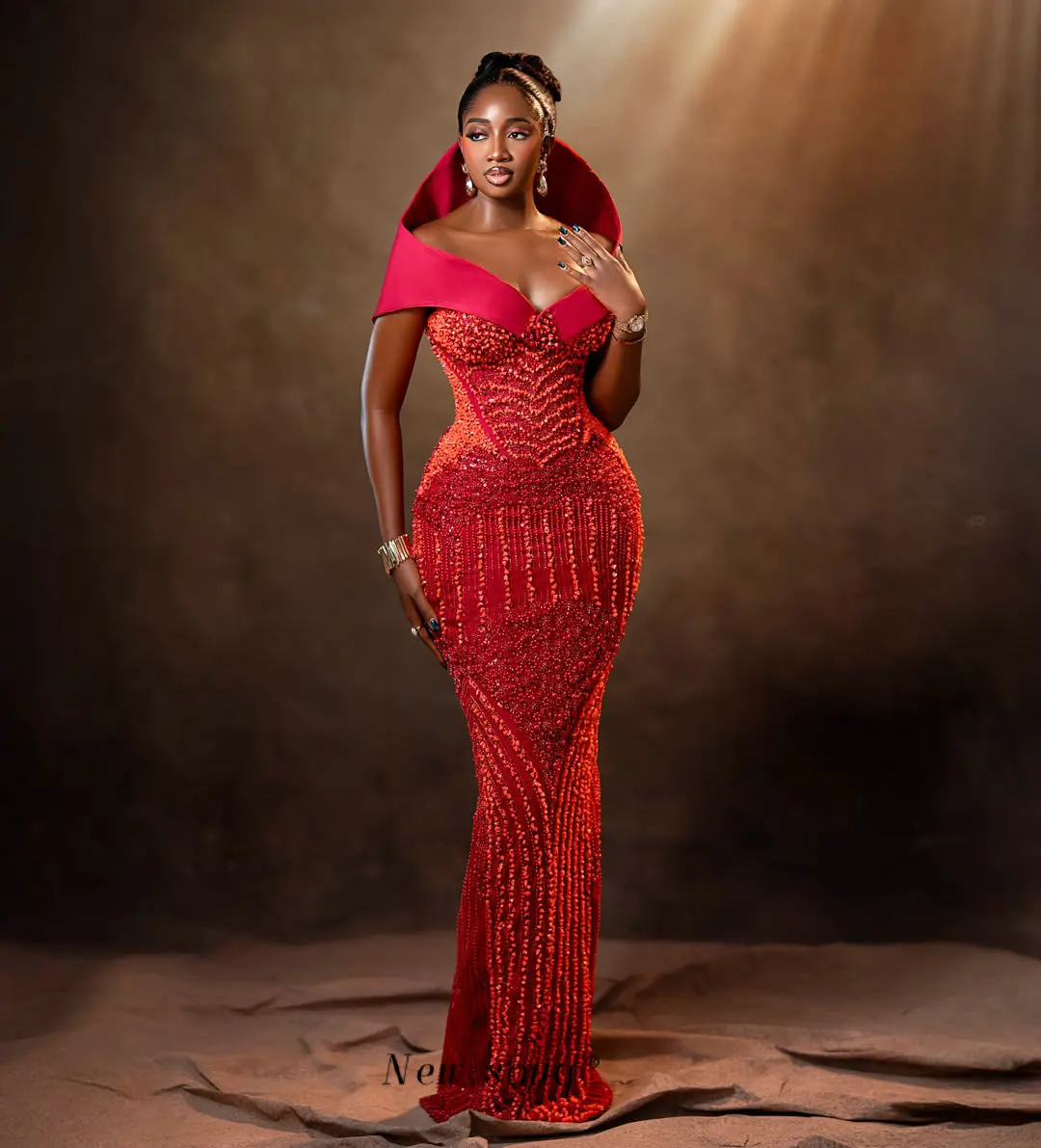 

African Red Off Shoulder Mermaid Prom Dresses with Detachable Train Customized Black Girls Wedding Evening Party Gowns