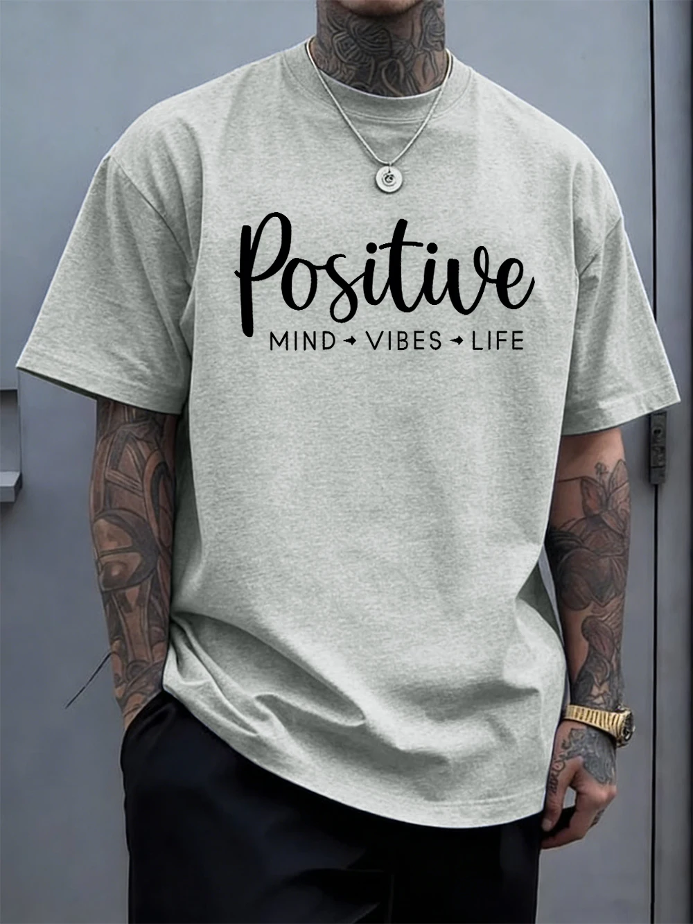 Positive Mind Vibes Llfe Printed Mens T-Shirts Cotton Summer Soft Tops Oversized O-Neck Short Sleeve T Shirt Casual Male Clothes
