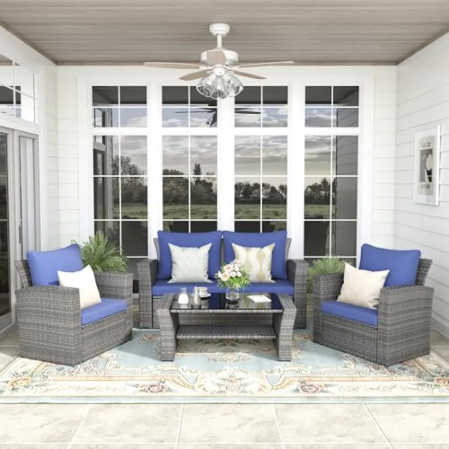 Outdoor Patio Furniture Set: All-Weather Wicker Rattan Sectional Sofa With Beige Cushions And Clear Glass Coffee Table