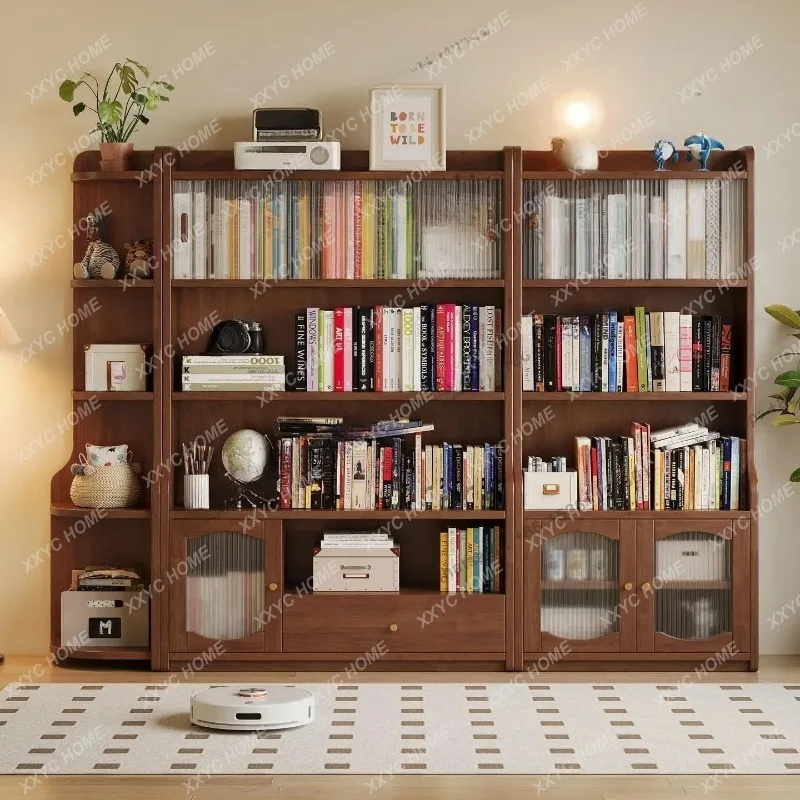 XX Solid wood bookcase, locker integrated household living room wall display cabinet,bookshelf floor rack with glass cabinet
