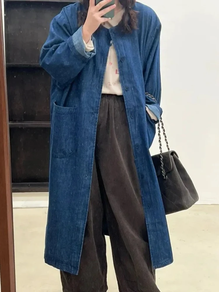 

Women's Spring Fall New Korean Style Denim Trench Coat Chic Mid-Length Loose Retro Casual Jacket Classic Jeans Outerwear