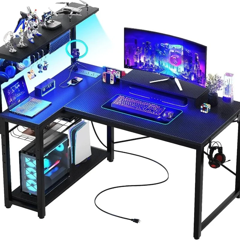 

Small Gaming Desk with Power Outlets Pegboard LED Light, 43 Inch L Shaped Computer Desk with Monitor Stand Storage Shelves
