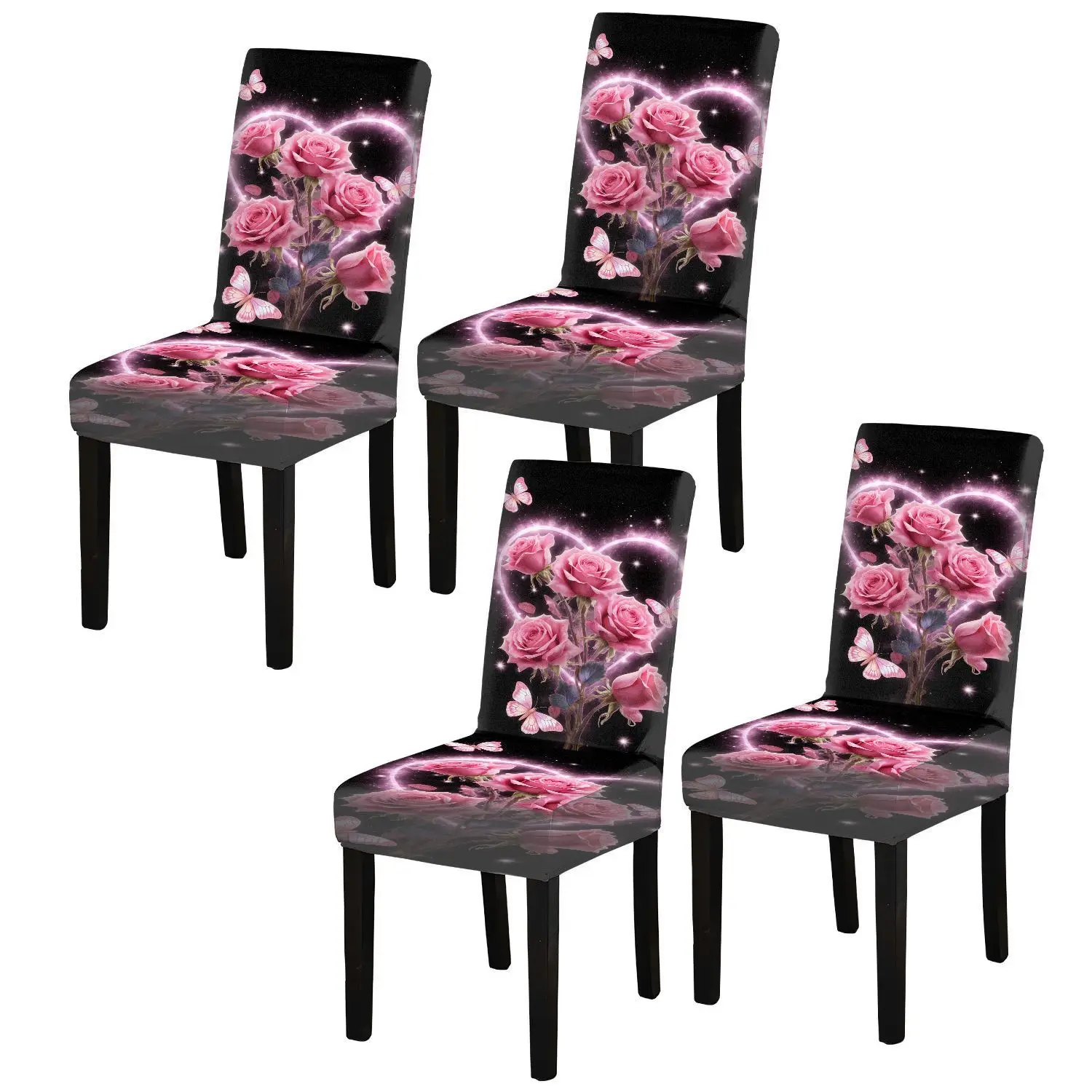 High Elastic Print Dining Chair Cover, Dream Rose Bouquet Pattern, Suitable for Family Dining Table and Chairs
