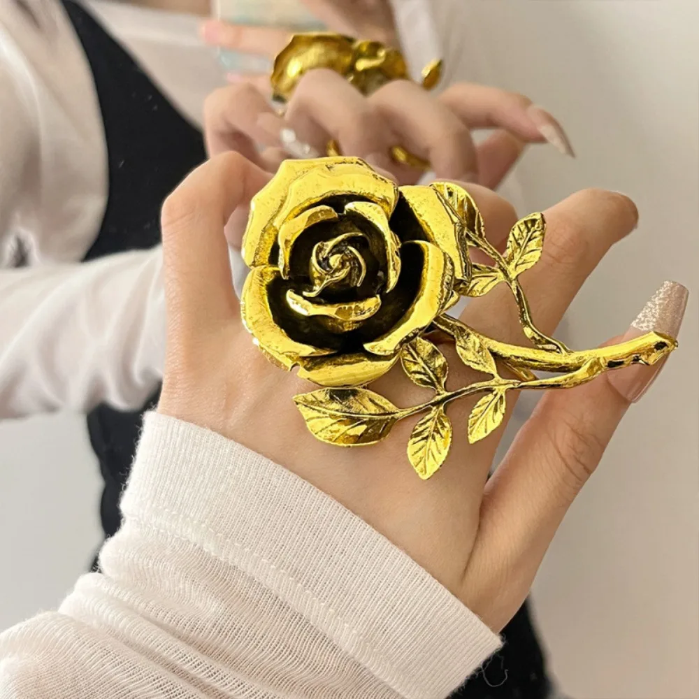 

Personality Metal Rose Flower Rings Double Finger Geometric Vintage Exaggerated Rings 3D Gold /Silver Large Open Rings Dating